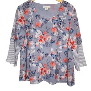 Coldwater Creek Floral Blouse Mixed Media Bell Sleeves Cottagecore Feminine LRG